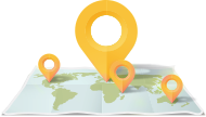 펼쳐진 지도위에 노란색의 마커가 여러개 표시되어 있는 그림